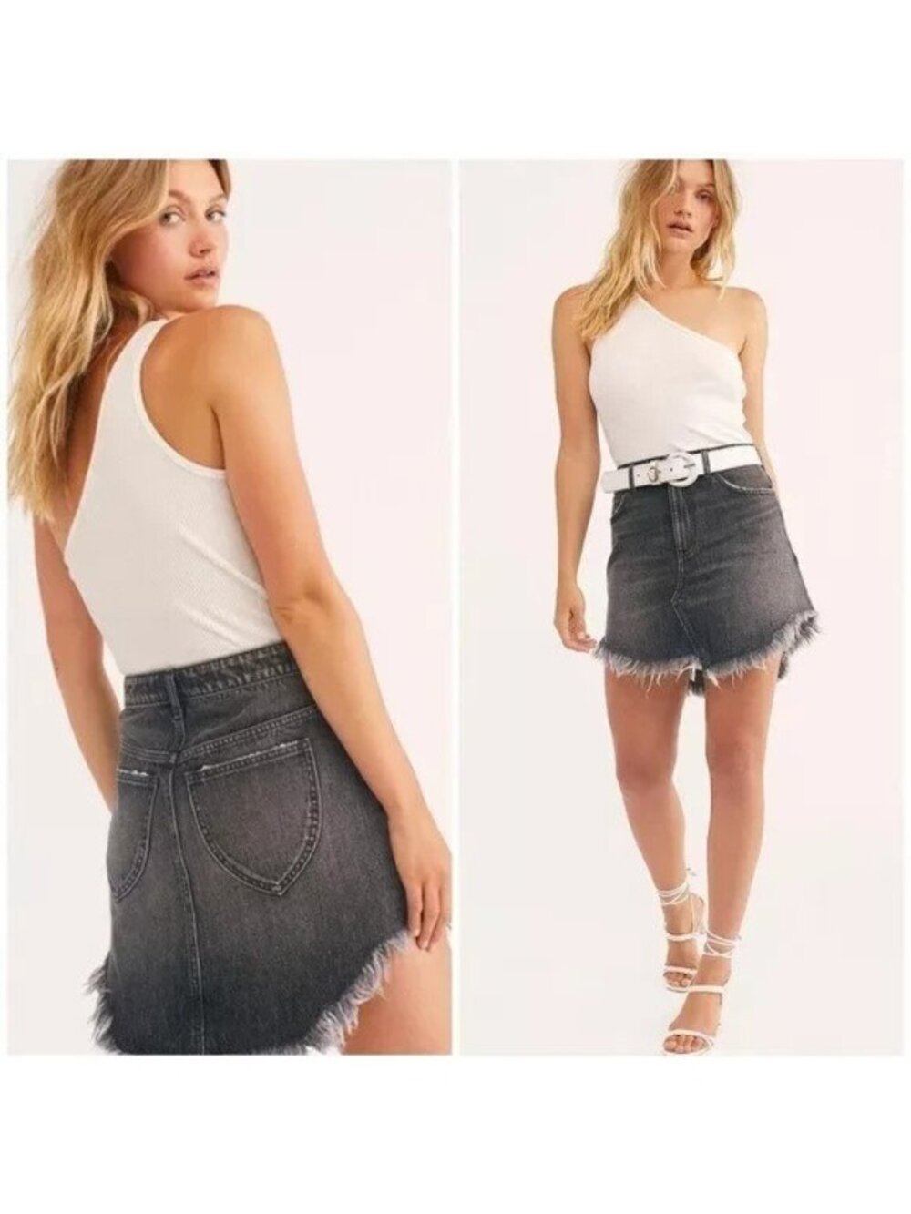 We The Free People Skirt Womens 28 Bailey High Rise Charcoal Denim Fringe Mini
